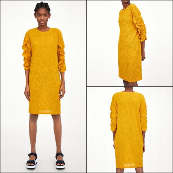 Zara Midi Dress Women size Medium Mustard Yellow Scrunch Long Sleeve Tunic Dress - Picture 2 of 4